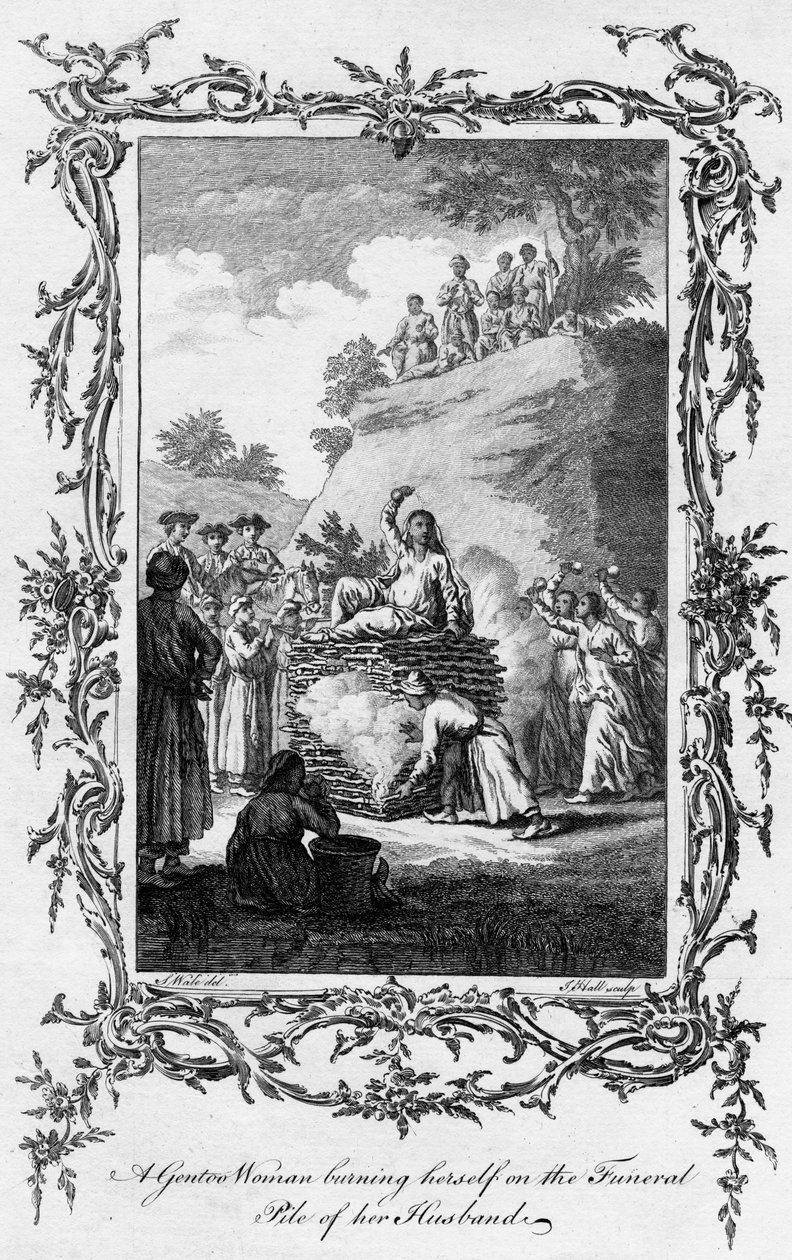 Uma mulher do Gentoo queimando-se na pilha fúnebre de seu marido, século XVIII. de Samuel Wale