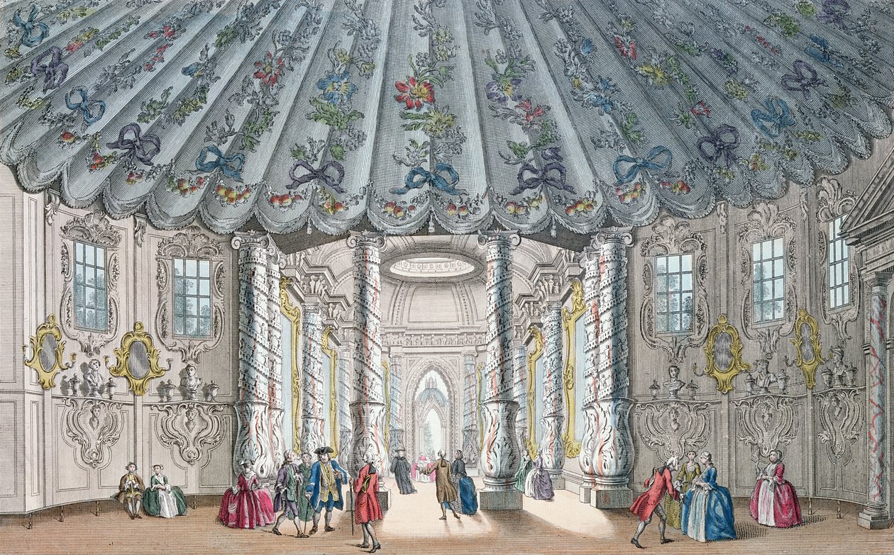 Vista interior da elegante sala de música em Vauxhall Gardens, gravada por H. Roberts, 1752 (gravura colorida à mão) de Samuel Wale