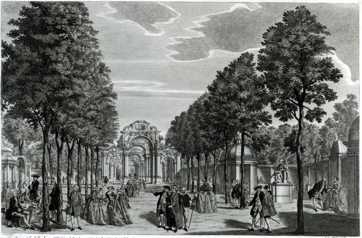 Os arcos triunfal, a estátua de Handel na Calçada Sul dos Jardins Vauxhall, gravada por John S. Muller (gravura e gravação colorida à mão) de Samuel Wale