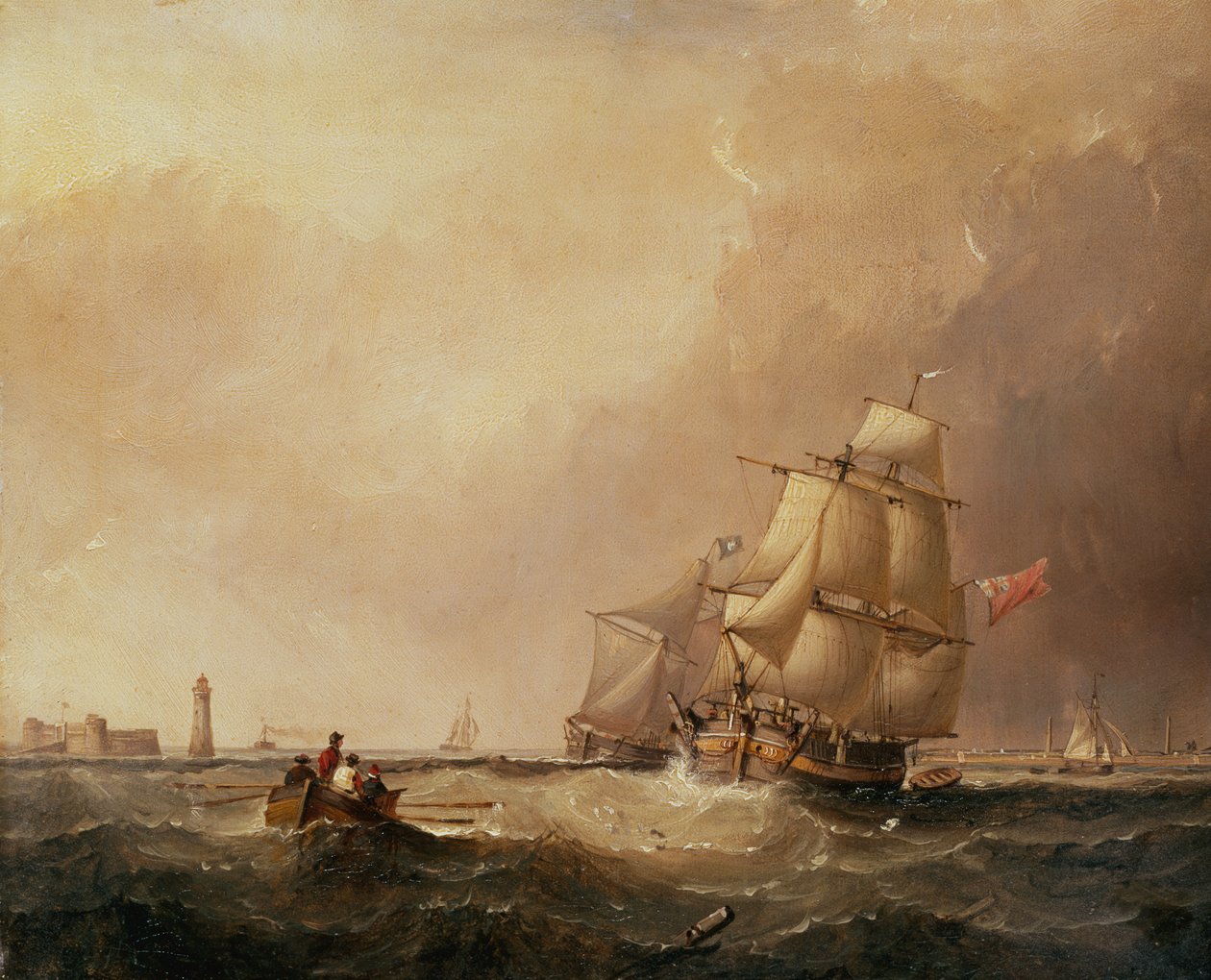 Uma vista do porto de Mersey e uma vista do transporte fora de Douglas, Ilha de Man (óleo no painel) de Samuel Walters