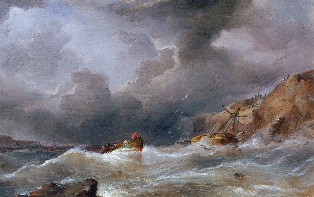 Um barco naufragou numa costa rochosa, com o bote salva-vidas cheio de sobreviventes. Óleo sobre tela de Samuel Walters (1811-1882). de Samuel Walters