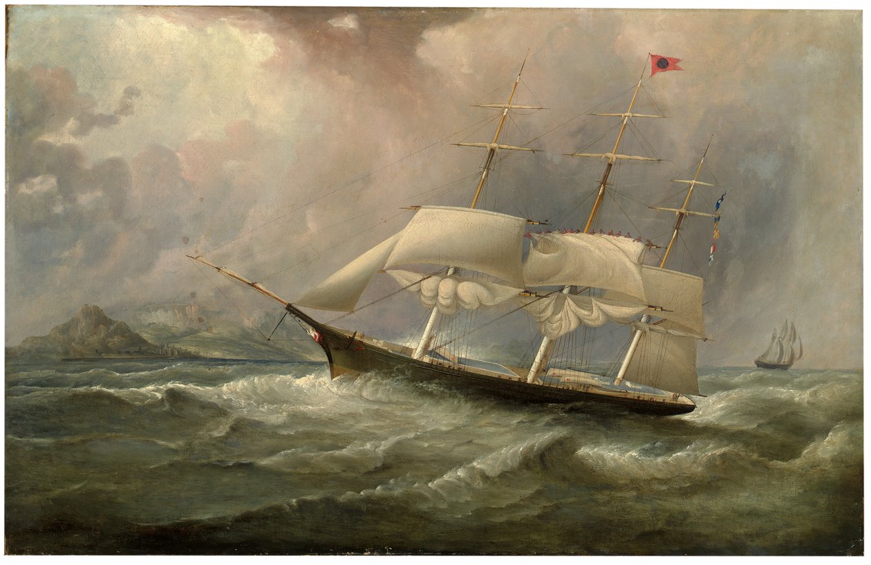 O navio de tosquiadeira Black Ball Line, Ocean Chief, reduz a vela em sua corrida australiana, c.1853 de Samuel Walters