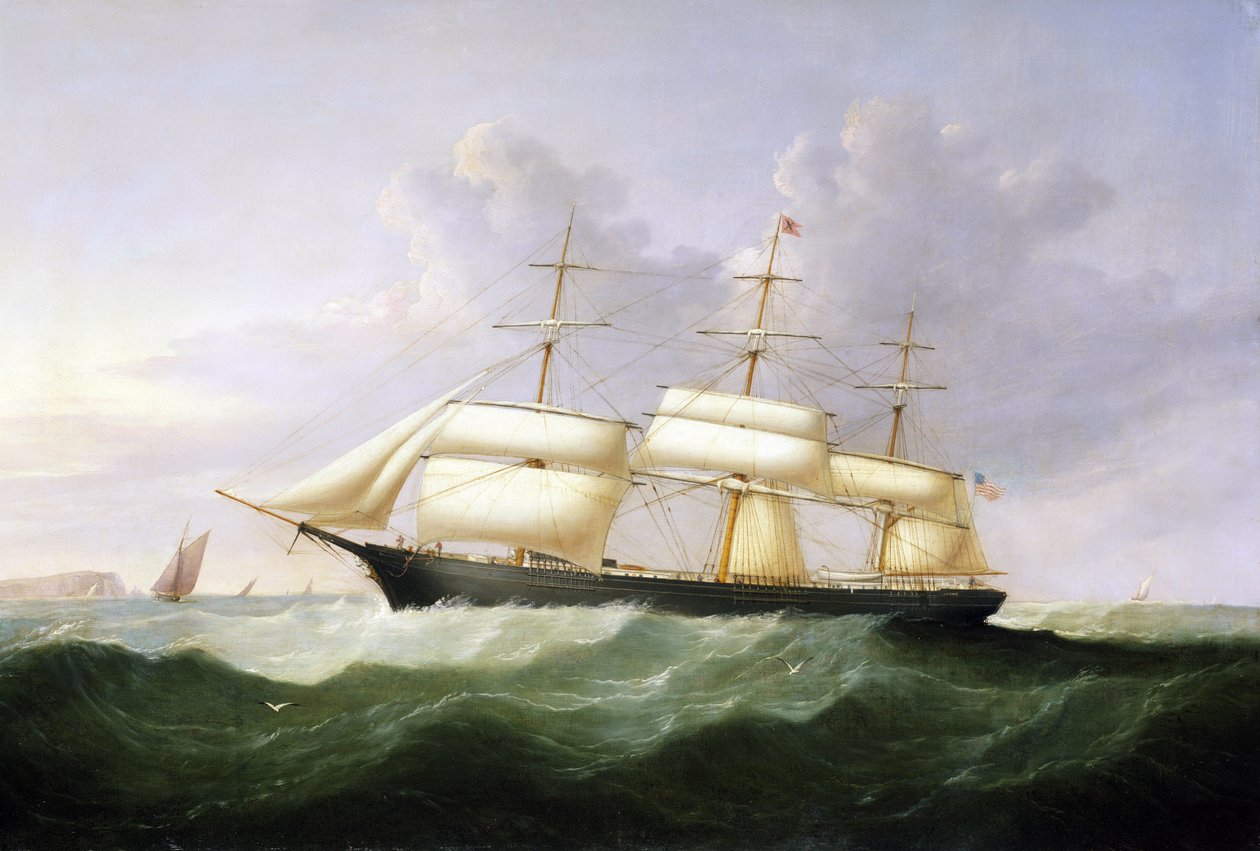 O navio "Palestine", a toda a vela, com o pavilhão dos Estados Unidos (EUA) da América, construído em 1854, destinado ao transporte de passageiros na linha transatlântica de Samuel Walters