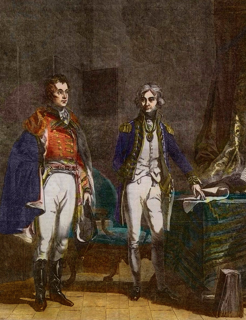 Um encontro entre o Major-General Sir Arthur Wellesley (Duque de Wellington) e o Vice-Almirante Horatio Nelson, Setembro de 1805, gravado por Samuel William Reynolds (1794-1872) depois de John Prescott Knight (1803-1881) de Samuel William I Reynolds