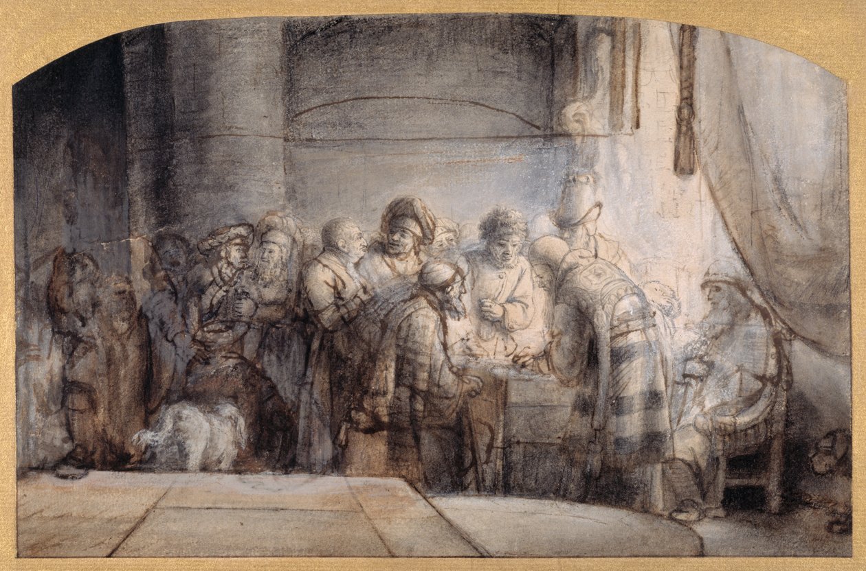Judas recebendo as trinta moedas de prata, c.1640 (caneta e tinta sobre giz vermelho sobre lavagem em papel) de Samuel van Hoogstraten