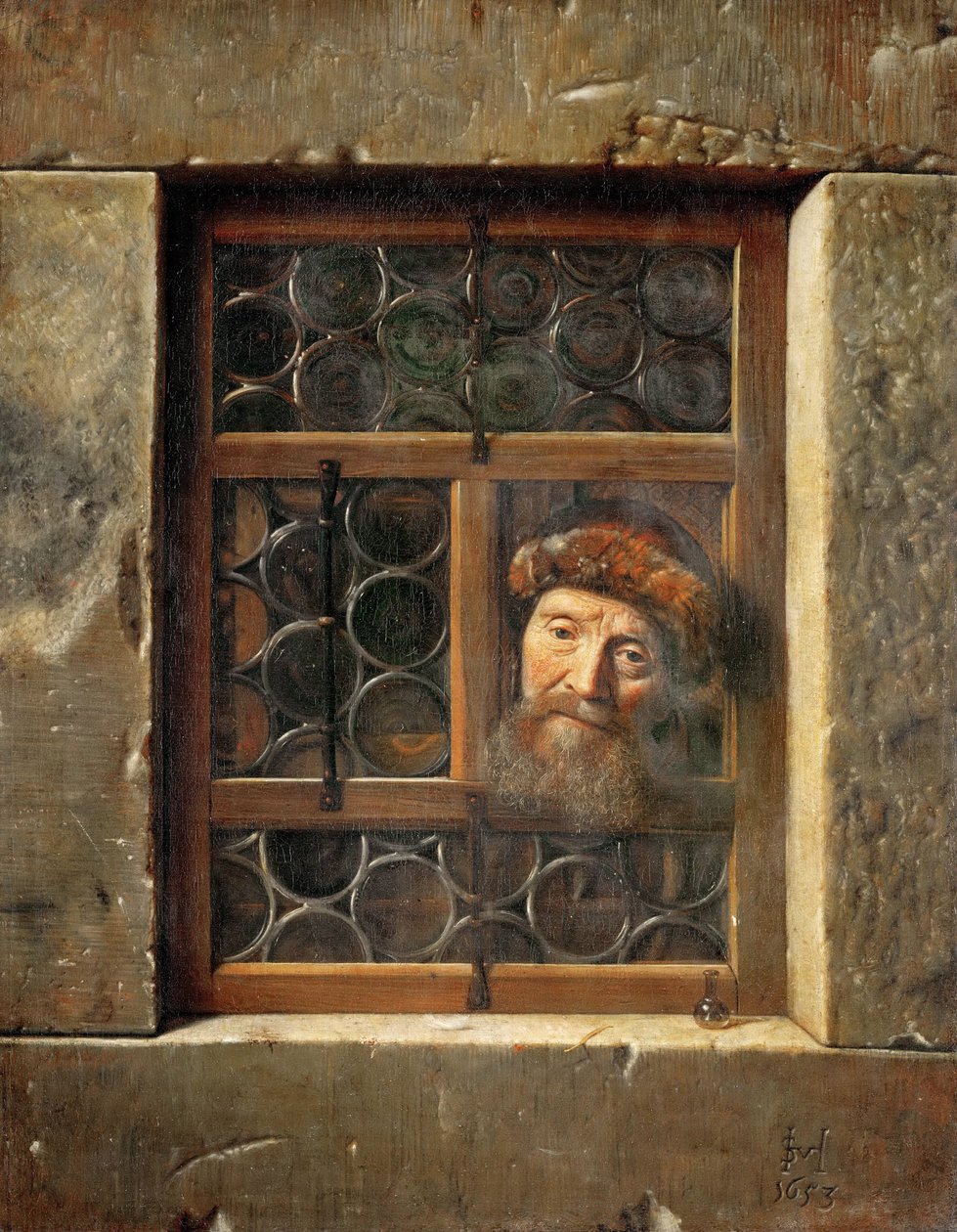 Old Man in the Window - Samuel Dirksz van Hoogstraten (1627-1678). Óleo sobre tela de Samuel van Hoogstraten