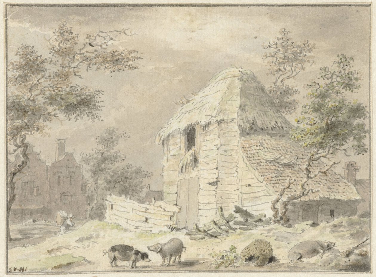 Celeiro de fazenda com alguns porcos de Samuel van Huls (possibly)