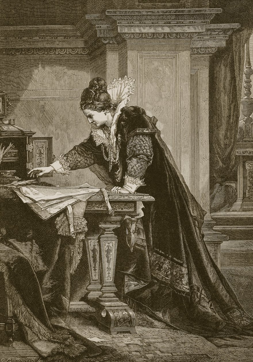Rainha Elizabeth assinando a sentença de morte de Mary Queen of Scots, gravada por C. Butterworth de Sandor Liezen Meyer