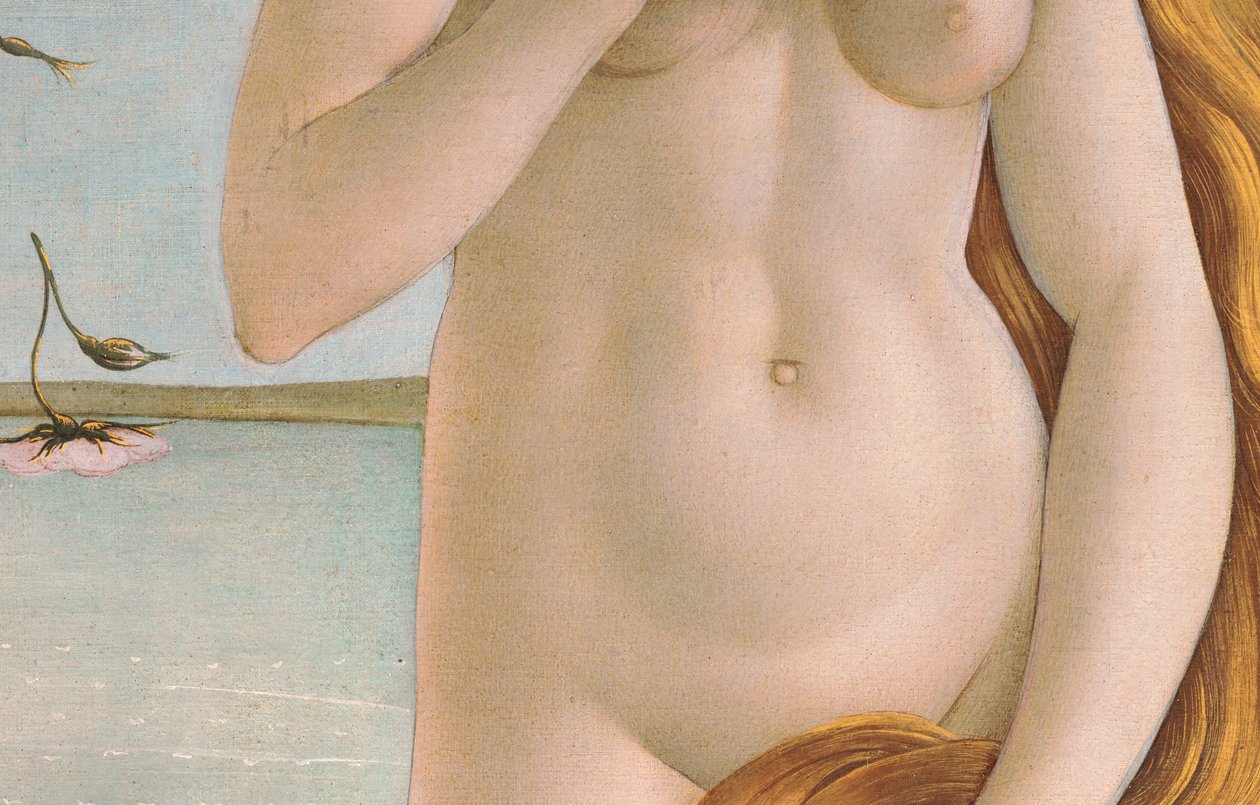 Nascimento de Vênus, detalhes do torso de Venus, 1484 têmpera sobre tela detalhe de Sandro Botticelli