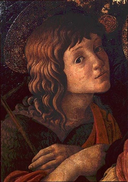 Madonna e criança com São João Batista, detalhe do jovem santo de Sandro Botticelli