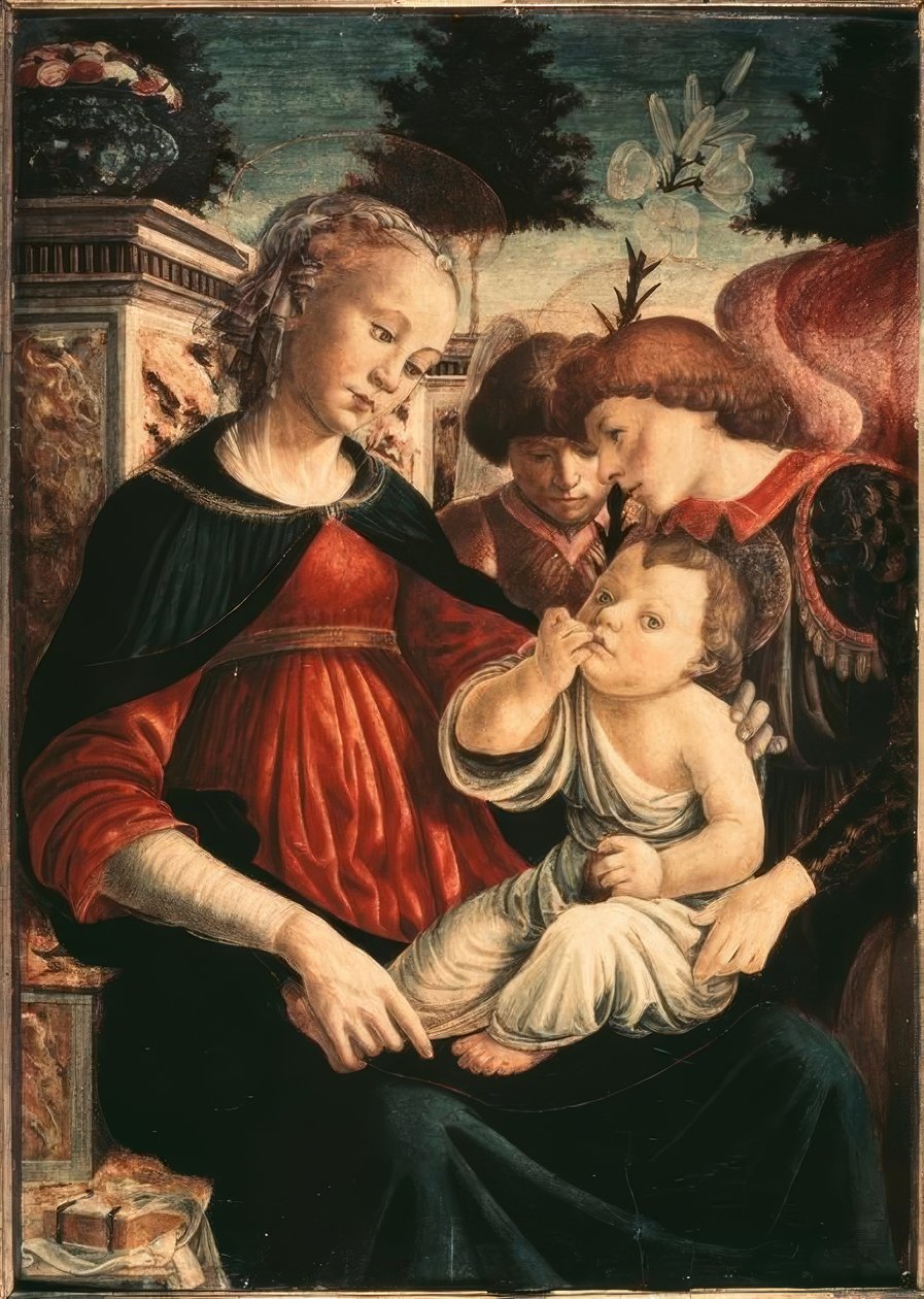 Maria com criança e dois anjos de Sandro Botticelli