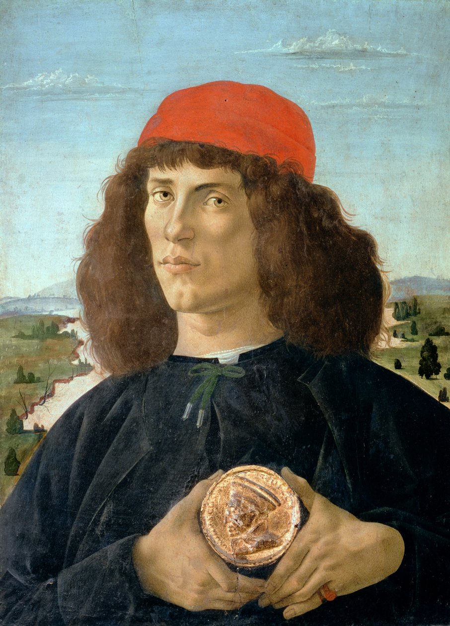Retrato, de, um, homem jovem, segurando, um, medalhão, de, Cosimo, i, &39;Medici, (&39; The, Elder &39;), (1389-1463), (tempera, ligado, panel) de Sandro Botticelli