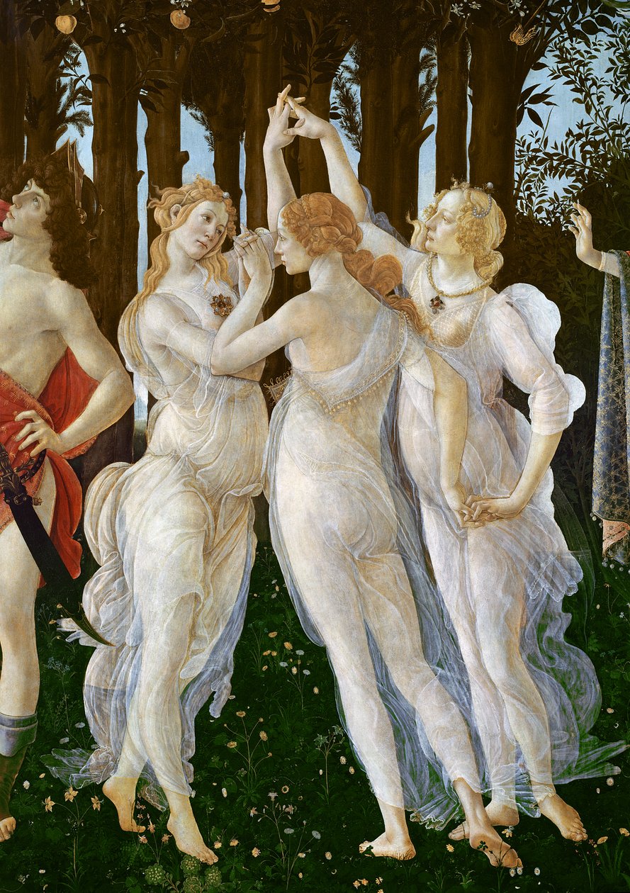 Primavera, c.1478, têmpera no detalhe do painel de 558 de Sandro Botticelli