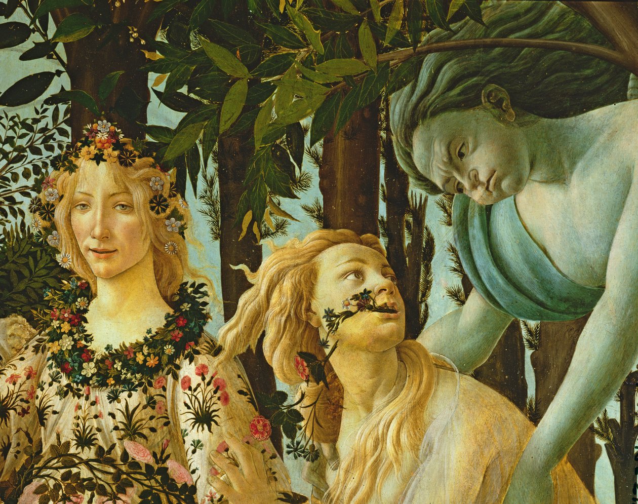 Primavera, detalhe de Flora e Zéfiro, c.1478, (têmpera sobre painel) (detalhe de 558) de Sandro Botticelli