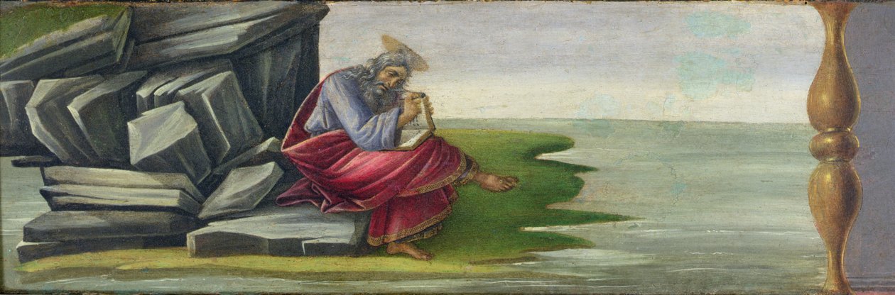 São João o Divino em Patmos, Escrevendo o Livro das Revelações, painel predella do Retábulo de São Marcos, c.1488-90 (têmpera no painel) (ver 44333 e 44348) de Sandro Botticelli