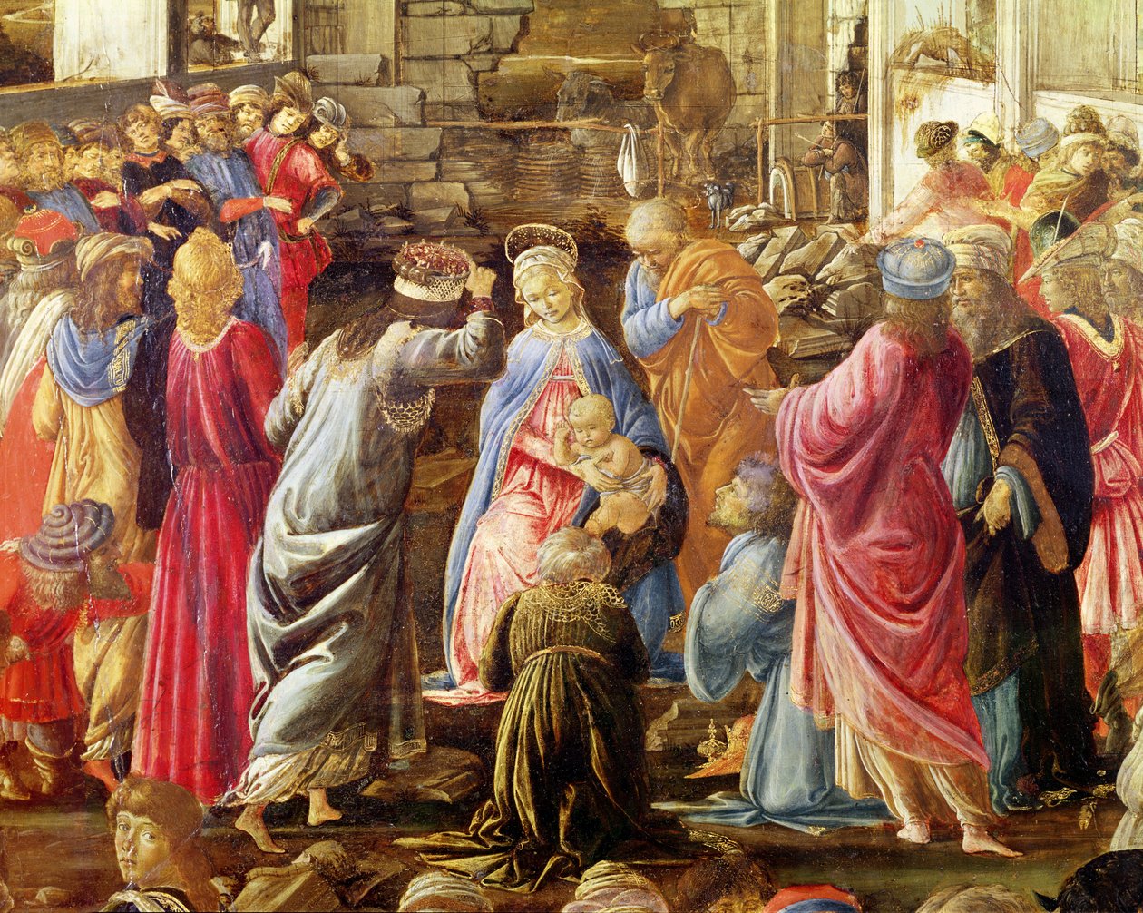 A Adoração dos Reis, c.1470-75 (têmpera no painel) (ver também 186451 e 186449) de Sandro Botticelli