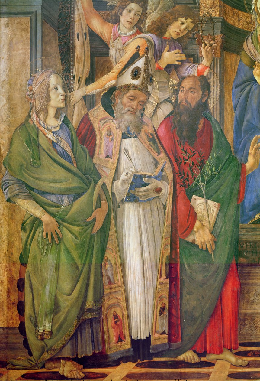 O Retábulo de São Barnabé, detalhe de Santa Catarina de Alexandria, São Barnabé e Santo Agostinho, c.1488 têmpera sobre madeira de Sandro Botticelli