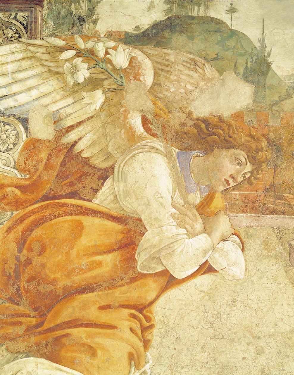 A Anunciação, detalhe do Arcanjo Gabriel, de San Martino della Scala, 1481 (afresco montado no painel) de Sandro Botticelli