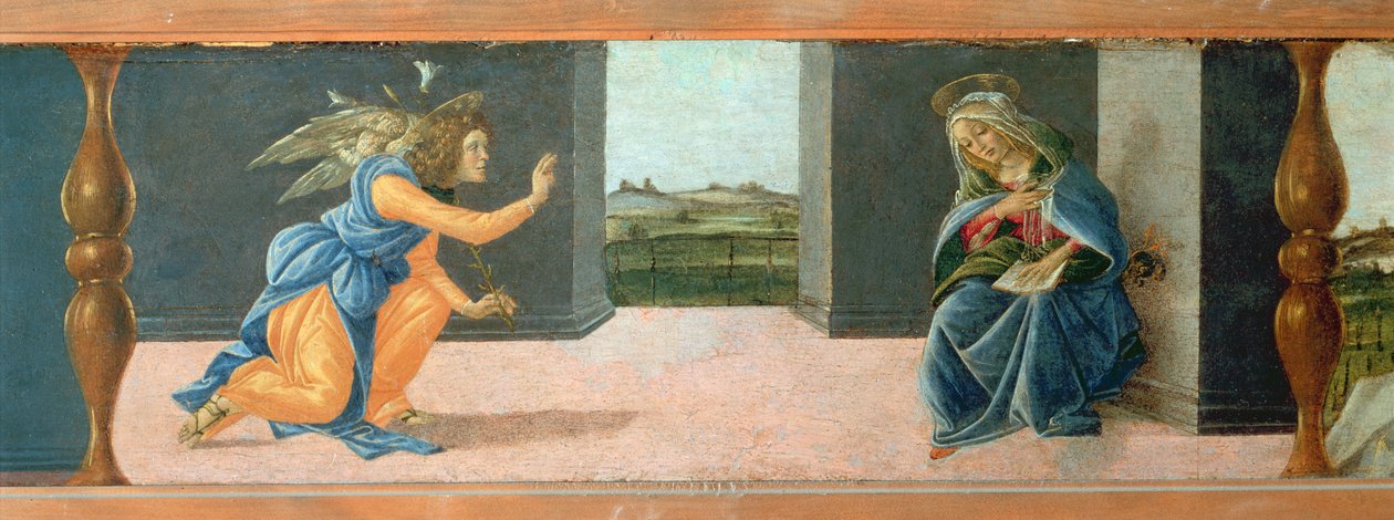 A Anunciação, painel predella do Retábulo de São Marcos, c.1488-90 (têmpera no painel) (ver 44363 e 44381) de Sandro Botticelli