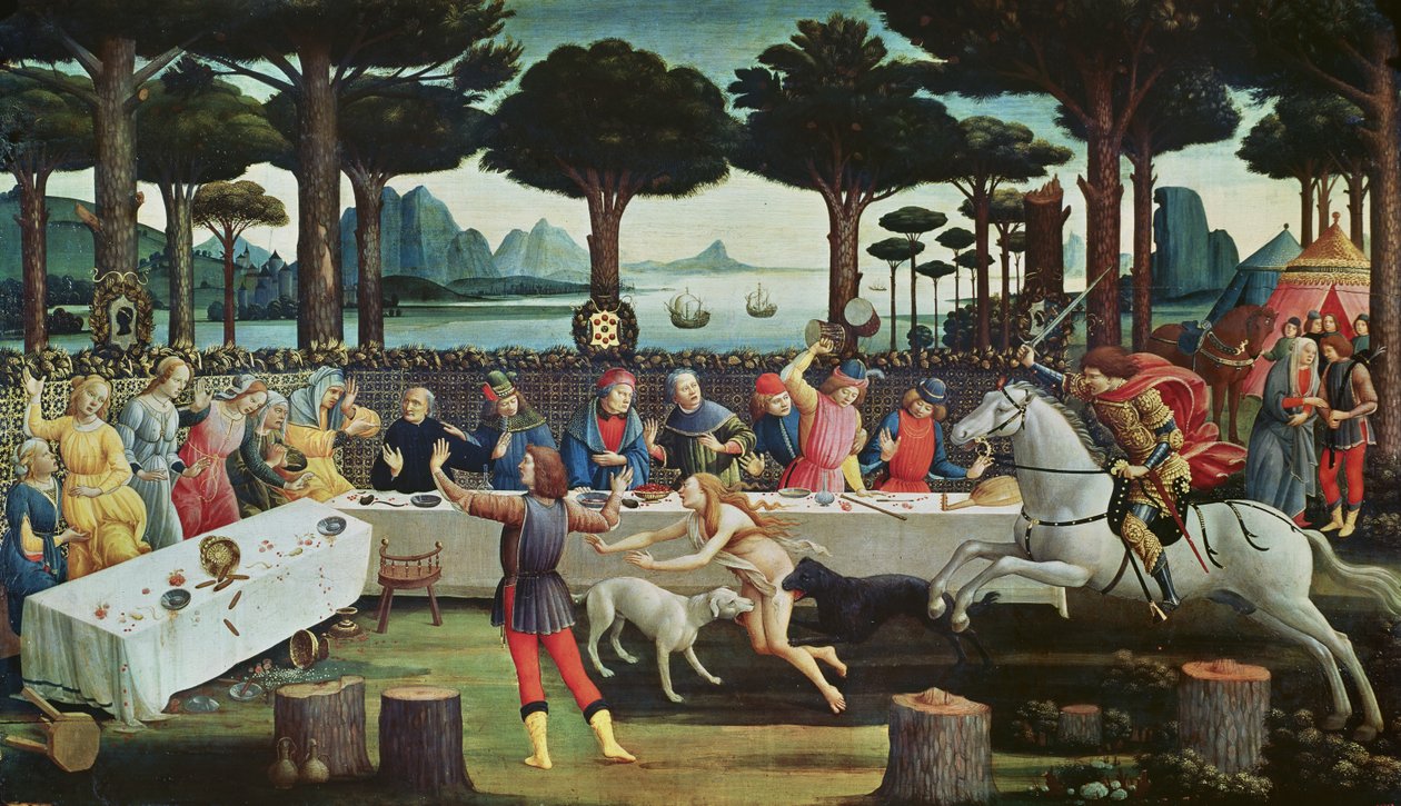 O banquete no Pinewoods: Cena III da história de Nastagio degli Onesti, c.1483 (tempera no painel) de Sandro Botticelli