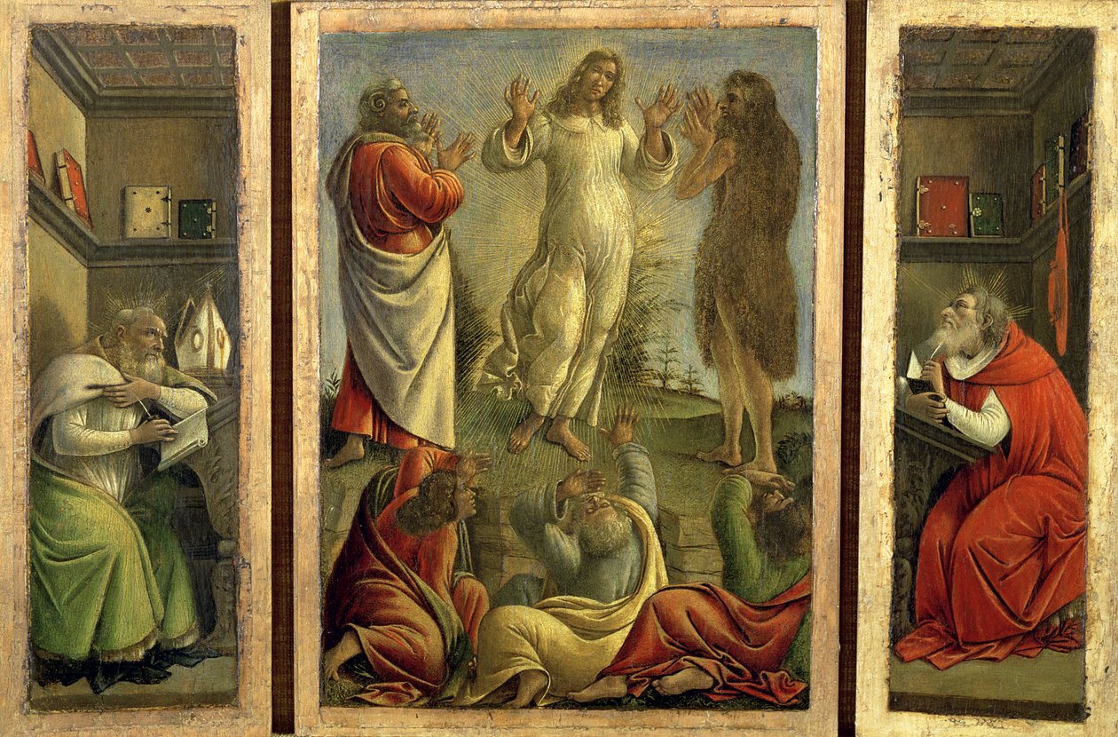 Tríptico mostrando a Transfiguração, Jesus Aparecendo aos Seus Discípulos com os Santos Jerônimo e Agostinho nos painéis laterais, c.1500 (têmpera no painel) de Sandro Botticelli