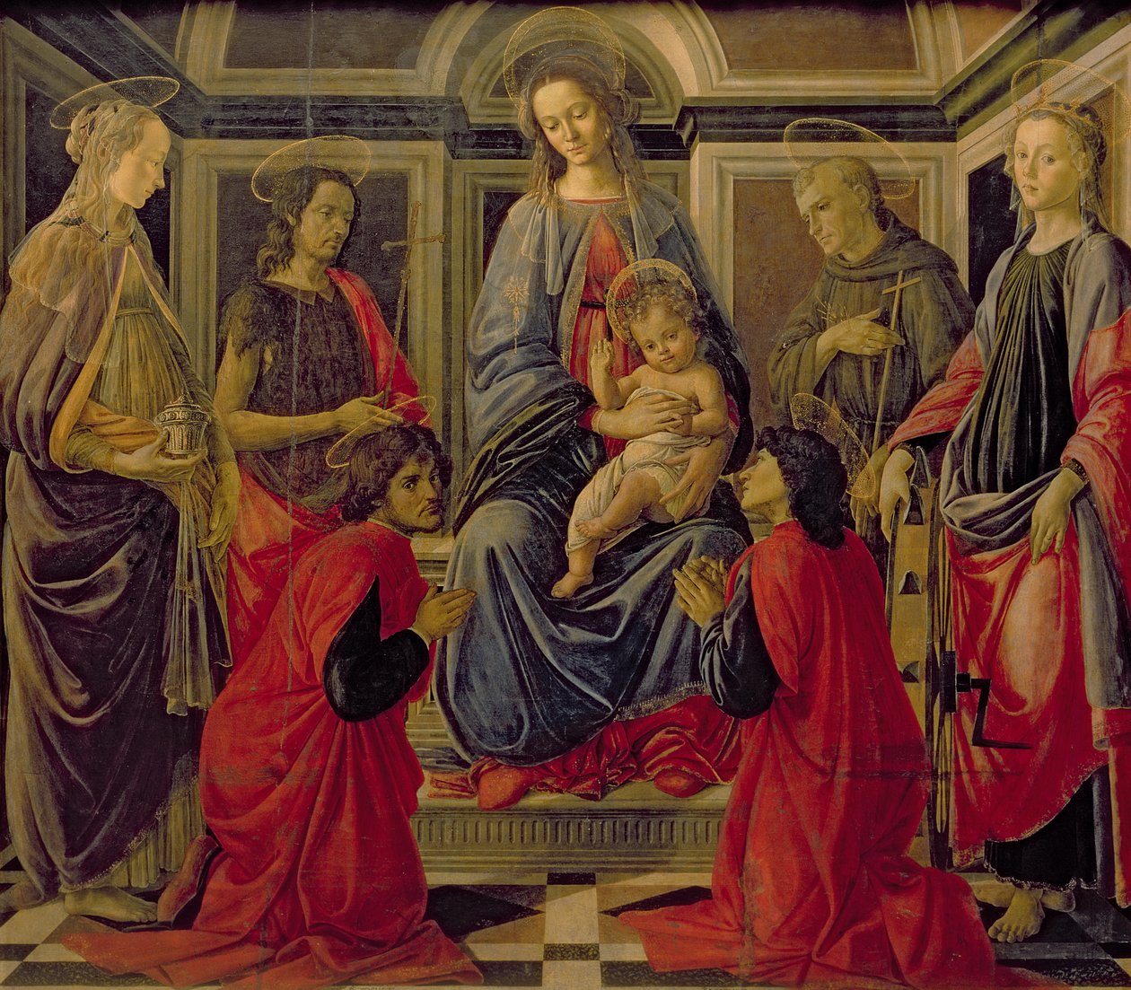 Virgem e criança com SS. Maria Madalena, João Batista, Cosmo, Damião, Francisco e Catarina, c.1470-72 (têmpera no painel) de Sandro Botticelli