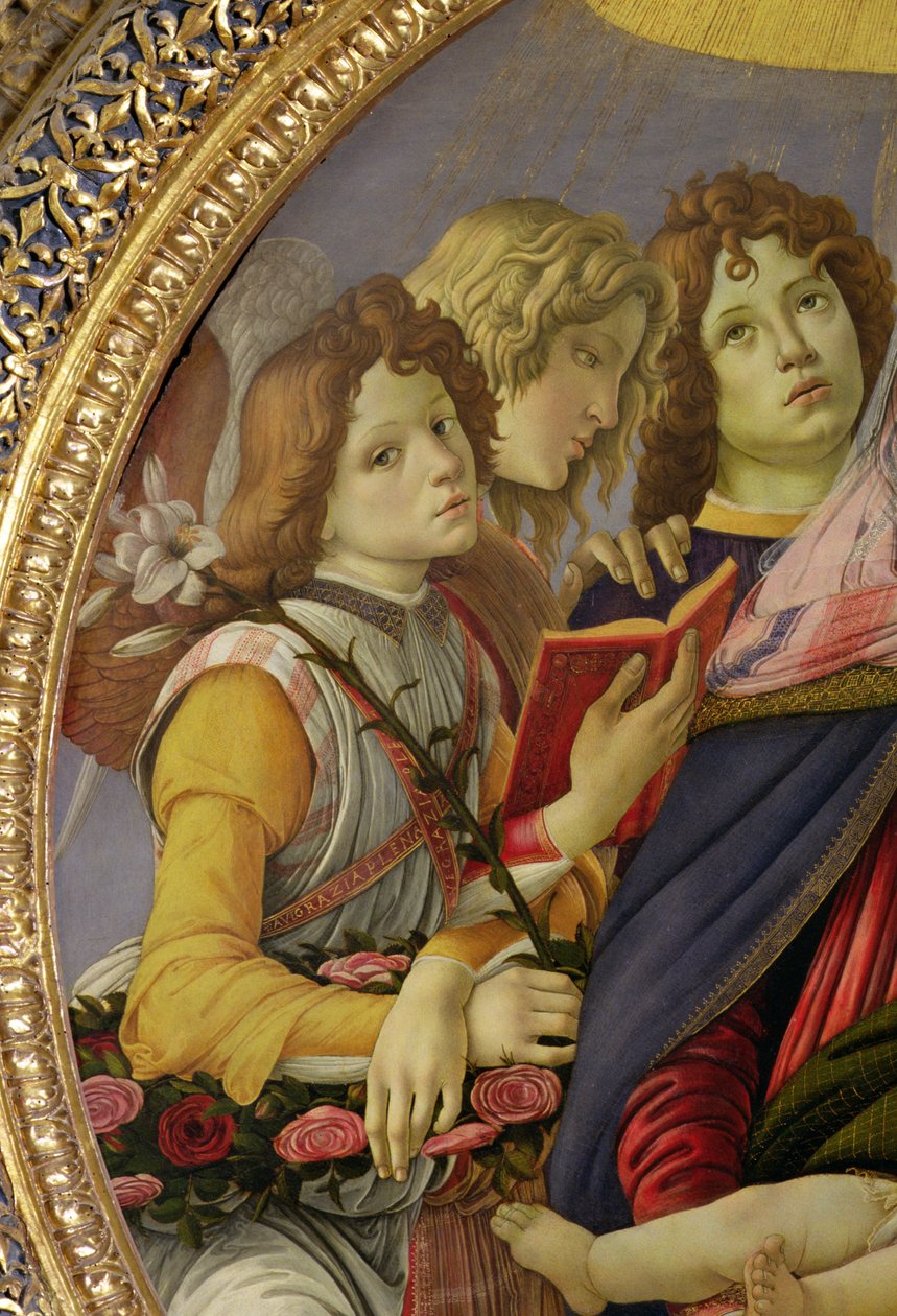 Virgem e criança com seis anjos, chamada a Madonna da romã (têmpera no painel) (detalhe de 202229) de Sandro Botticelli