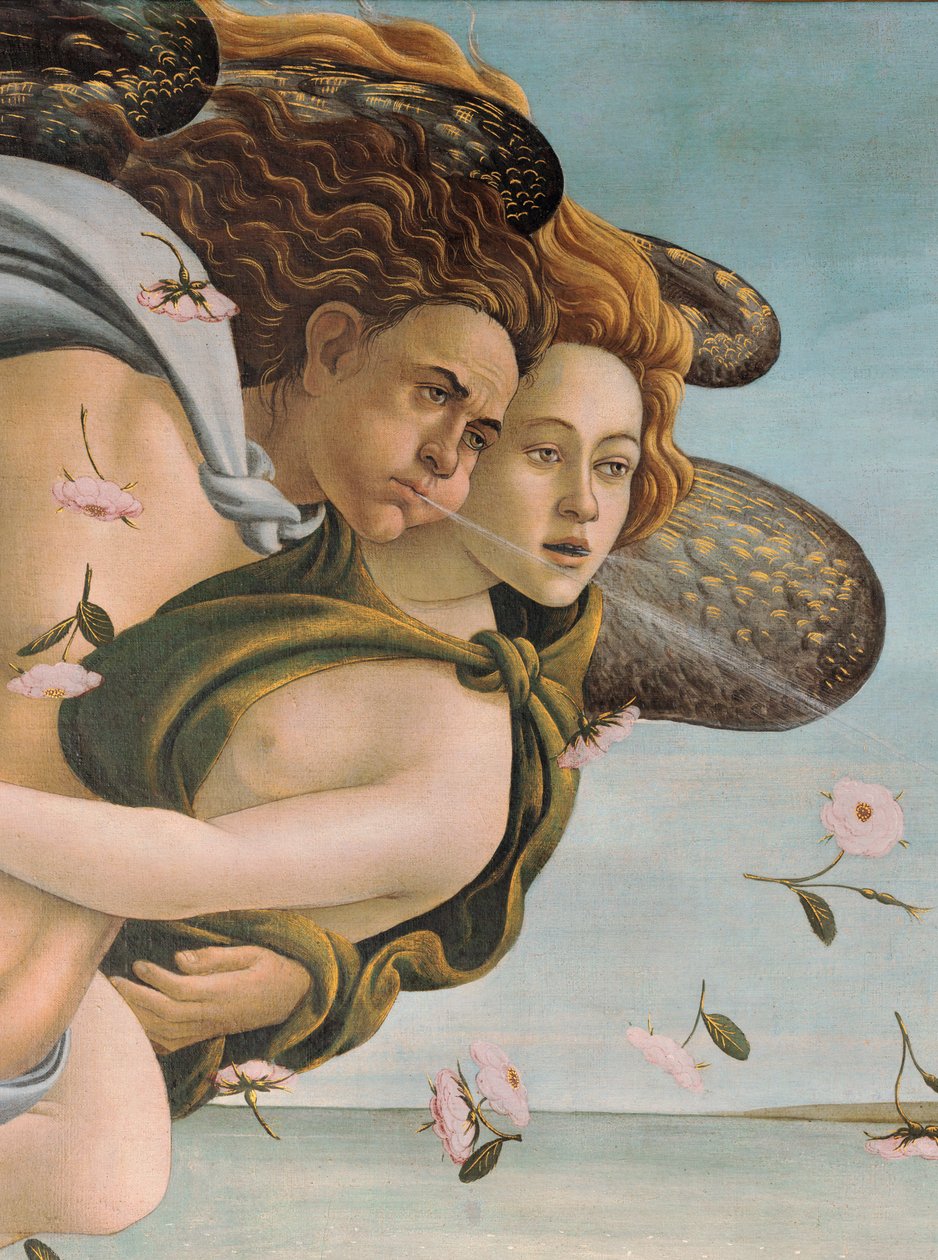 Zéfiro e Cloro, detalhe do nascimento de Vênus, c.1485 (têmpera sobre tela) (ver 412 e 85293) de Sandro Botticelli