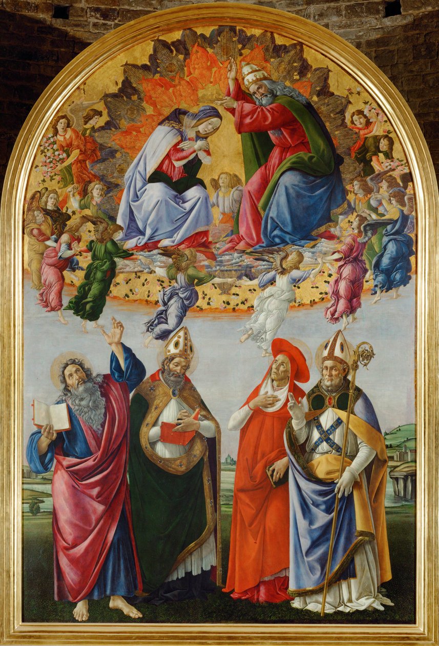 Coroação da Virgem, com dezasseis anjos e santos: João Evangelista, Agostinho, Jerónimo e Elígio (têmpera sobre madeira) de Sandro (1444/5-1510) Botticelli