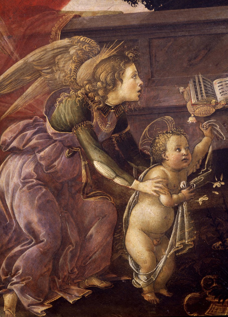 Madonna and Child with Three Angels (Madonna del Padiglione), detalhe do anjo com Cristo de Sandro Botticelli