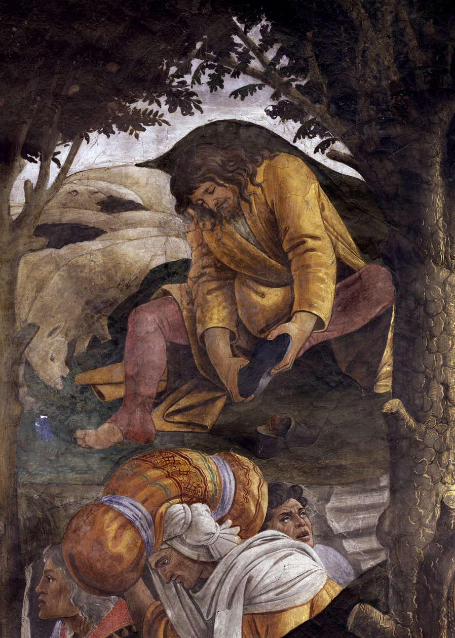A história da vida de Moisés. Detalhe de Moisés a calçar os seus sapatos nos pés. Pintura de Alessandro di Mariano dei Filipepi conhecida como Sandro Botticelli (1445-1510). Fresco de Sandro Botticelli