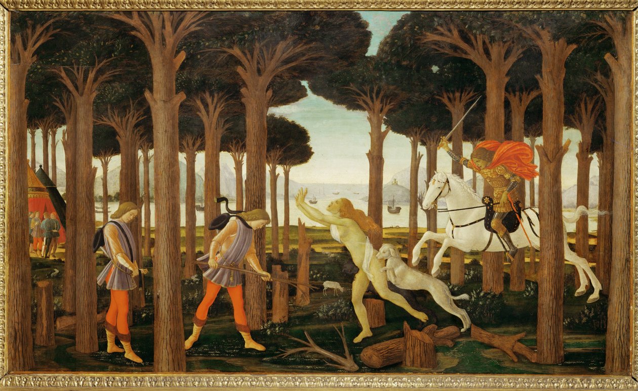 A história de Nastagio degli Onesti, primeiro de três painéis: Nastagio caminha tristemente numa floresta ... (pintura sobre madeira) de Sandro (1444/5 1510) Botticelli