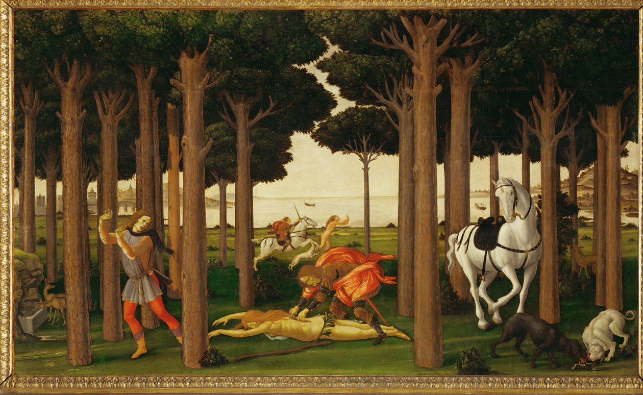 A história de Nastagio degli Onesti, segundo de três painéis: O cavaleiro mata a rapariga e atira o seu coração aos cães de Sandro (1444/5-1510) Botticelli