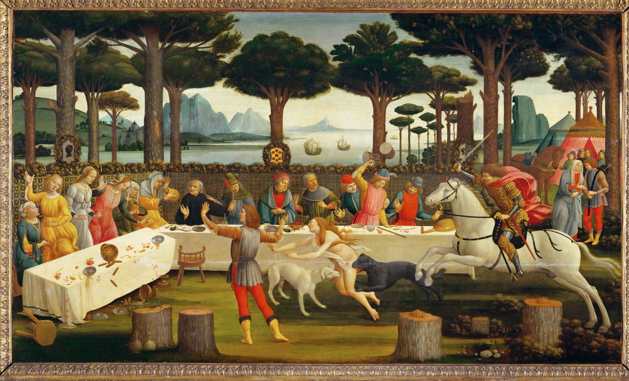 A história de Nastagio degli Onesti, terceiro painel: Nastagio convida a sua amada e a família dela; durante a refeição ... (pintura sobre madeira) de Sandro Botticelli