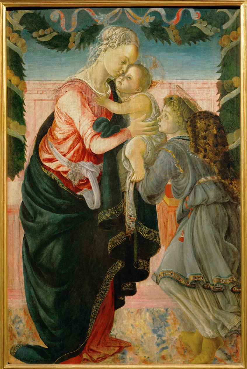 Virgem e menino segurados por um anjo (pintura sobre madeira) de Sandro (1444/5-1510) Botticelli