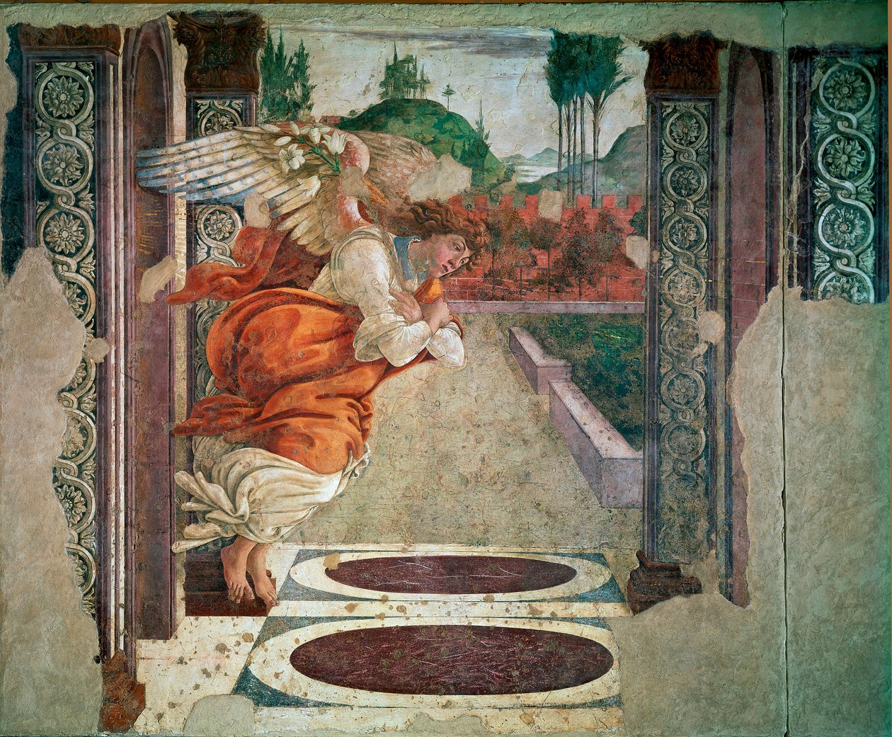 Anjo do Pormenor da Anunciação. Fresco por Alessandro di Mariano dei Filipepi dit Sandro Botticelli (1445-1510). 1481 Sol. 245x535 cm Florença, Galeria Uffizi (Escritórios) de Sandro Botticelli