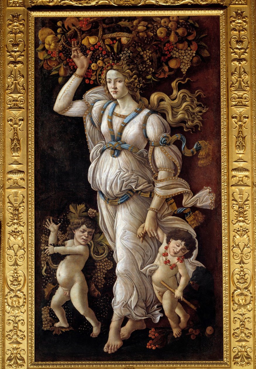 Outono ou alegoria contra o abuso do vinho Uma jovem mulher carregando na cabeça uma cesta cheia de frutas representando abundância e arrastando à mão duas criancinhas bêbadas (bacchus). Pintura de Alessandro di Mariano dei Filipepi dit Sandro Botticelli ( de Sandro Botticelli