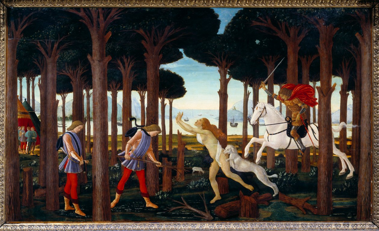 História de Nastagio degli Onesti: Encontro com a represa do pinhal, primeiro painel de uma série de quatro: Nastagio, infeliz no amor, assiste à perseguição de uma jovem mulher por um cavaleiro cujo amor ela não compartilha, ela vai acabar com cães. De um de Sandro Botticelli