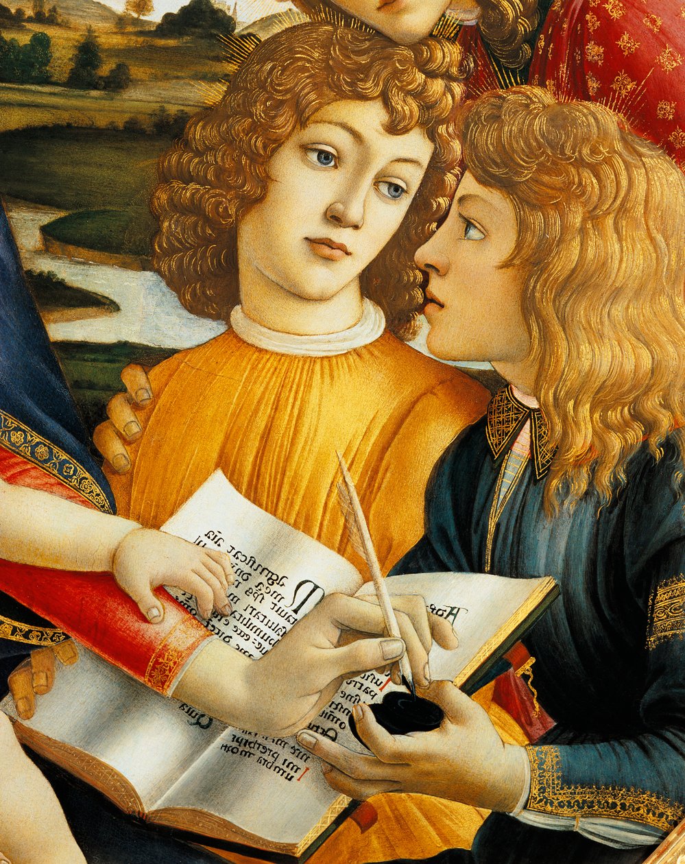Lorenzo Magnificent e seu irmão Giuliano de Medici, detalhe de Madonna e Child com anjos ou Madonna of Magnificent de Sandro Botticelli