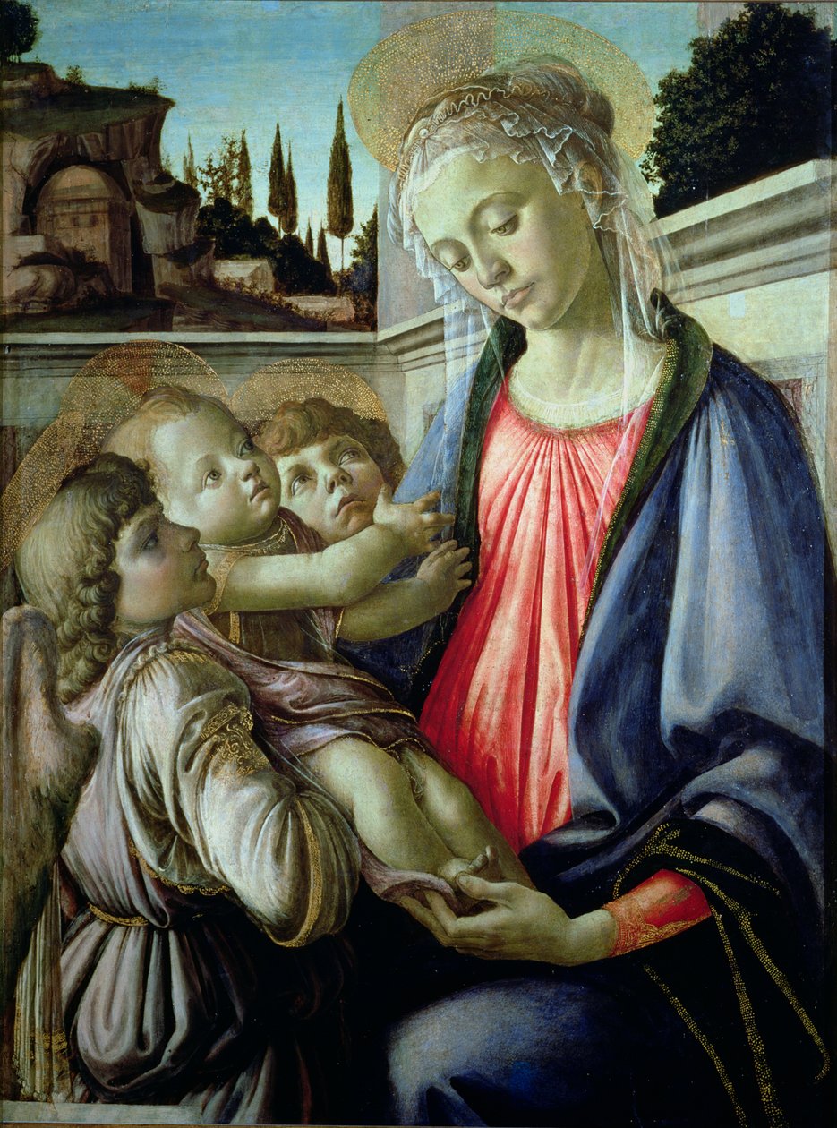 Madonna e criança com anjos (tempera no painel) de Sandro Botticelli