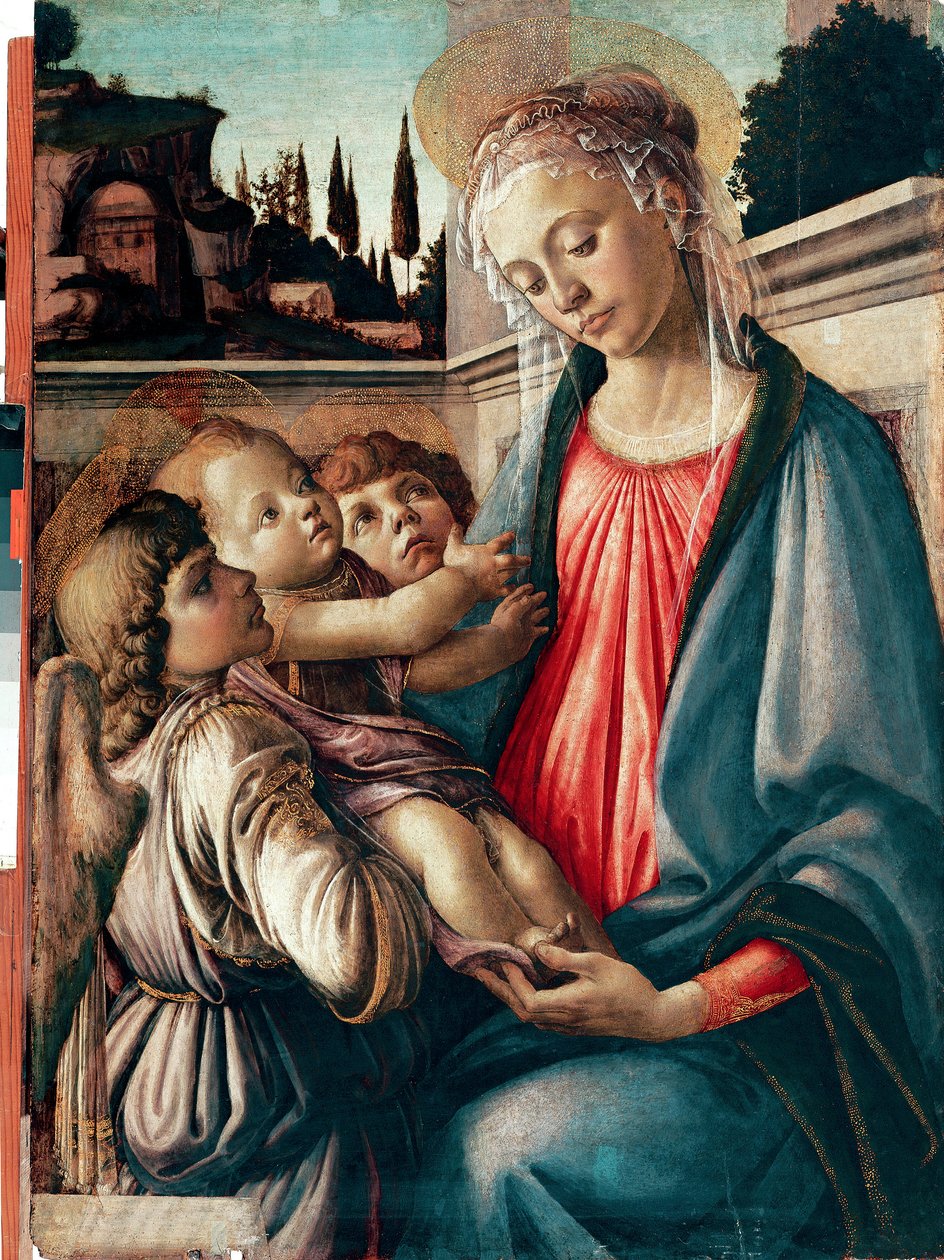 Madonna has Child with Two Angels Detrempe on Wood by Sandro Filipepi dit Botticelli (1445-1510) 1468-1469 Dim. 100x71 cm Nápoles, Galleria Nazionali di Capodimonte - Madonna e Criança com Dois Anjos, de Sandro Filipepi a.k.a Botticelli (1445-1510). Temper de Sandro Botticelli