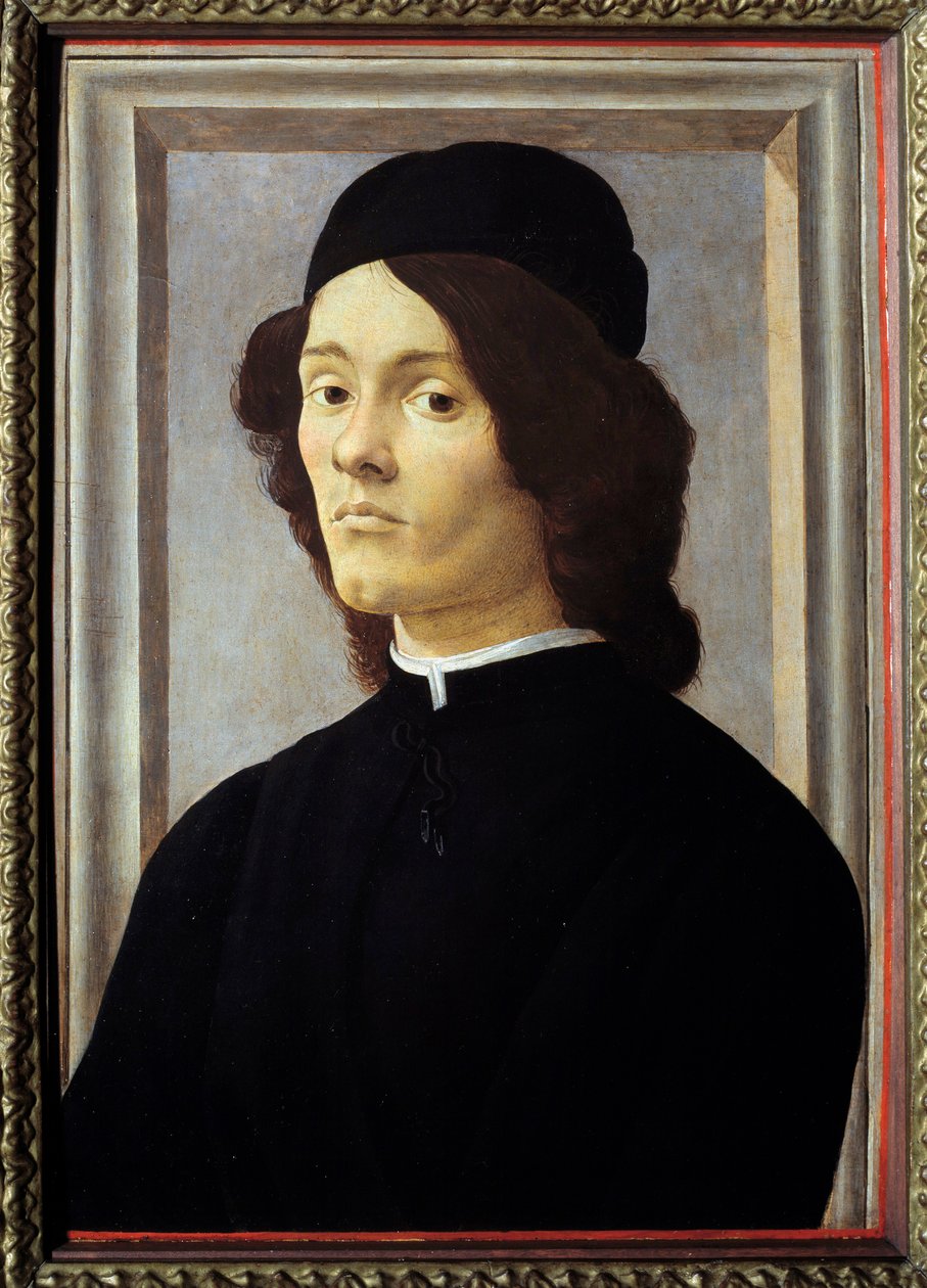 Retrato de um jovem que o Gentilman parece melancólico, vestido de preto. Pintura de Alessandro di Mariano dei Filipepi dit Sandro Botticelli (1445-1510) Sol do século XV. 0,57x0,39 m de Sandro Botticelli