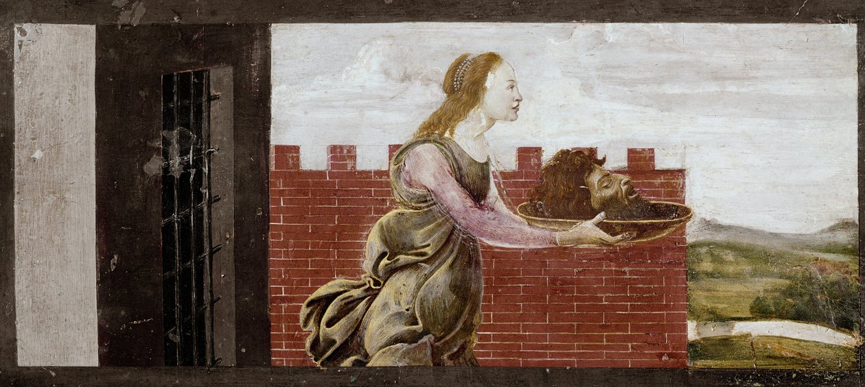 Salomé segurando a cabeça de São João Batista. Detalhe do retábulo de São Barnabé (Tempera sobre madeira de Sandro Botticelli