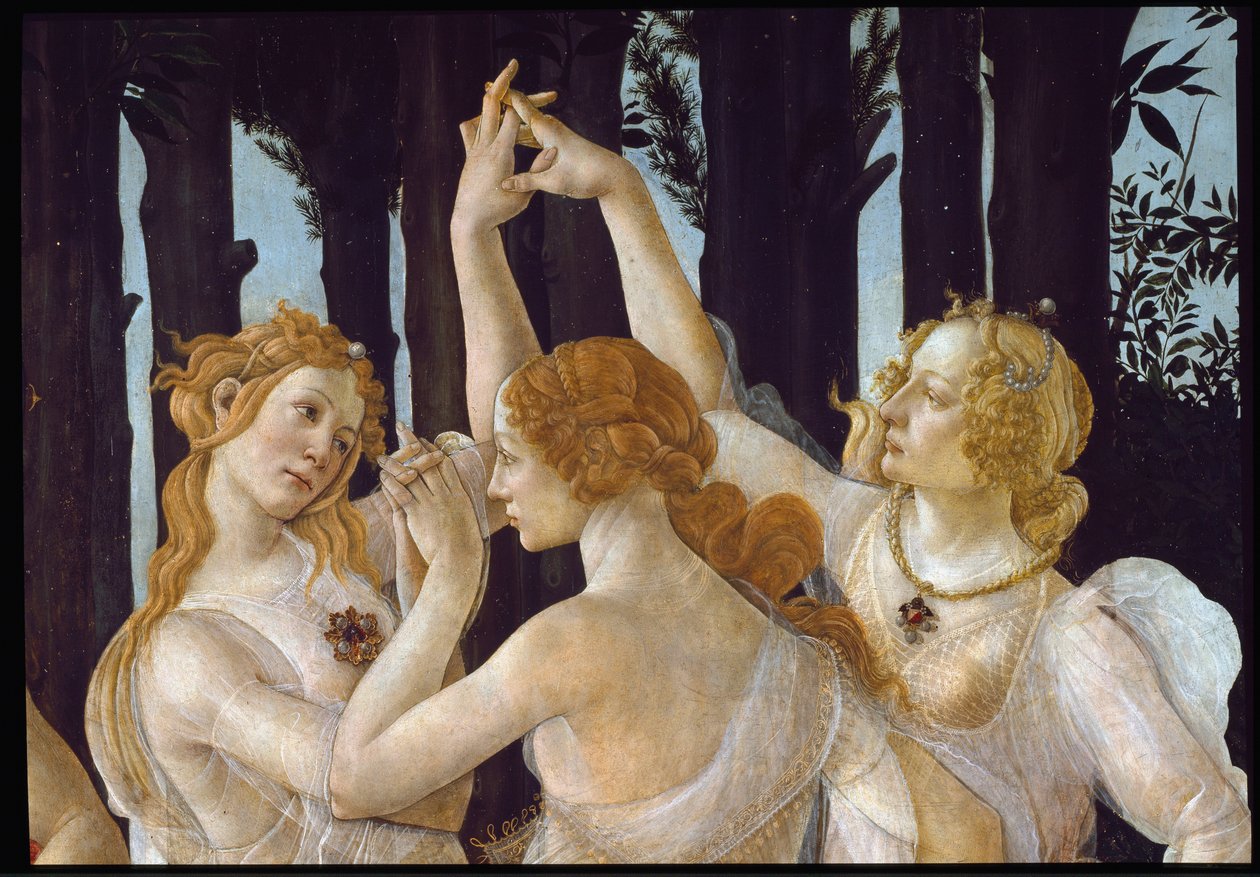Primavera. Detalhe representando as três gravidades de Sandro Botticelli