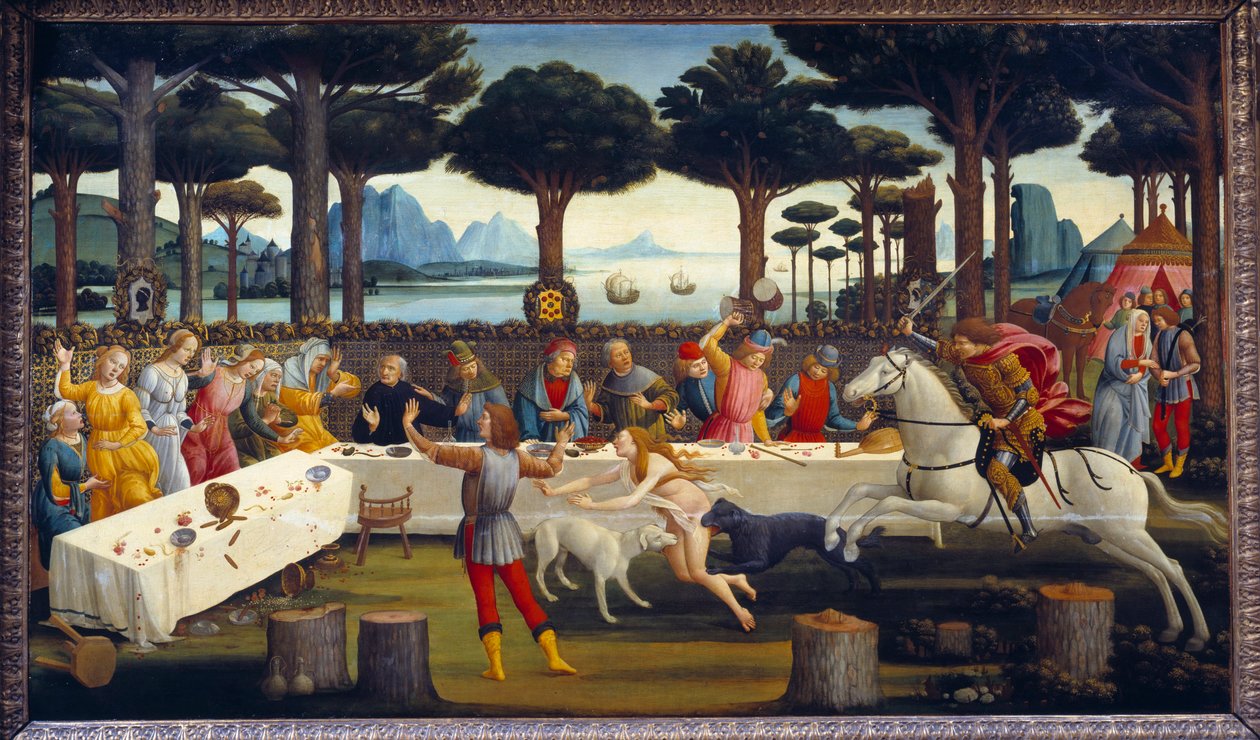 A história de Nastagio degli Onesti: Banquete no pinhal, terceiro painel de uma série de quatro: Nastagio, infeliz de amor, convida a mulher que ama e sua família tem um banquete para mostrar-lhes o epílogo de uma história semelhante à sua entre um cavalei de Sandro Botticelli