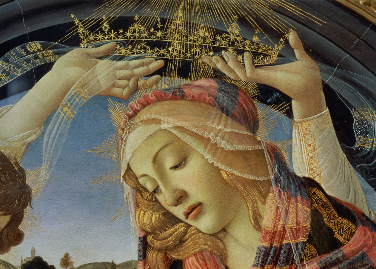 A Madona do Magnificat, detalhe do rosto e da coroa da Virgem de Sandro Botticelli