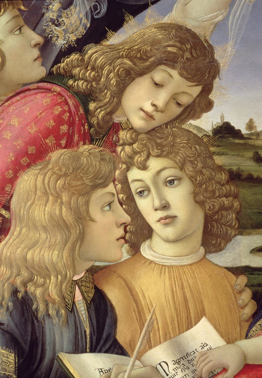 A Virgem do Magnificat, detalhe de três rapazes de Sandro Botticelli