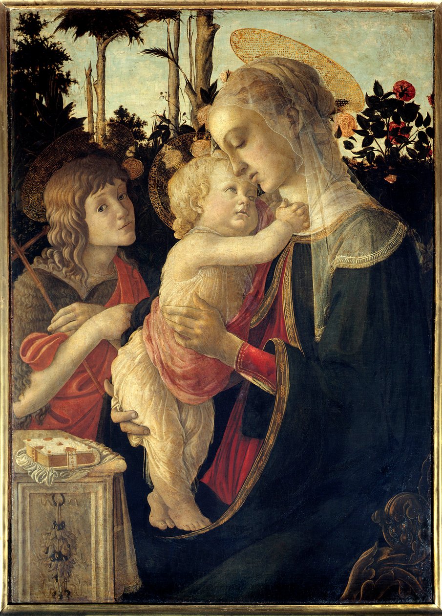 A Virgem e o Menino Jesus com o jovem São João Batista Pintura de Alessandro di Mariano dei Filipepi dit Sandro Botticelli (1445-1510). Sol do século XV. 0,90 x 0,67 m - A Virgem, o Menino Jesus e São João Batista, criança. Pintura b de Sandro Botticelli