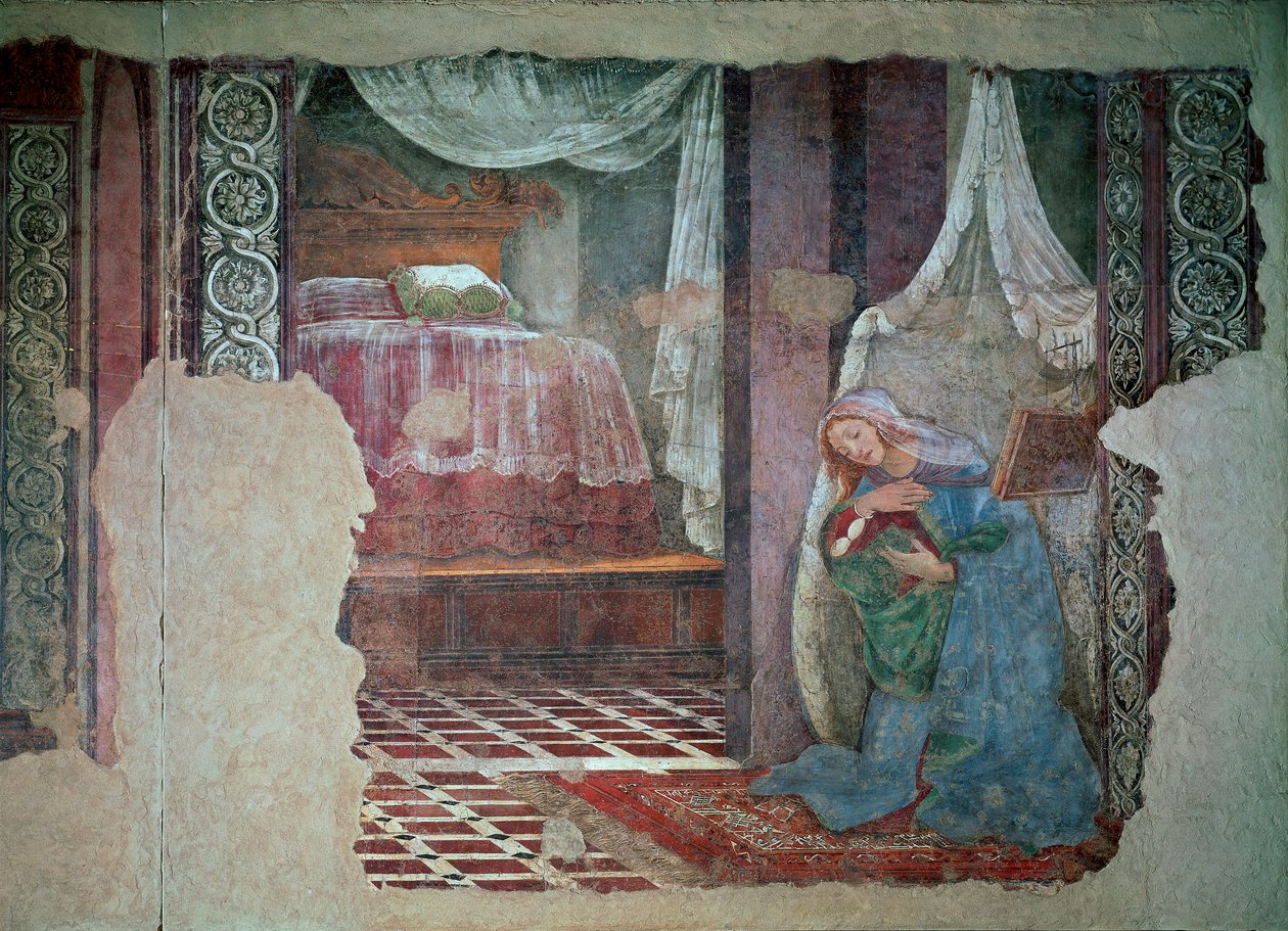 O Detalhe da Virgem da Anunciação. Fresco por Alessandro di Mariano dei Filipepi dit Sandro Botticelli (1445-1510). 1481 Sol. 245x535 cm Florença, Galeria Uffizi (Escritórios) de Sandro Botticelli