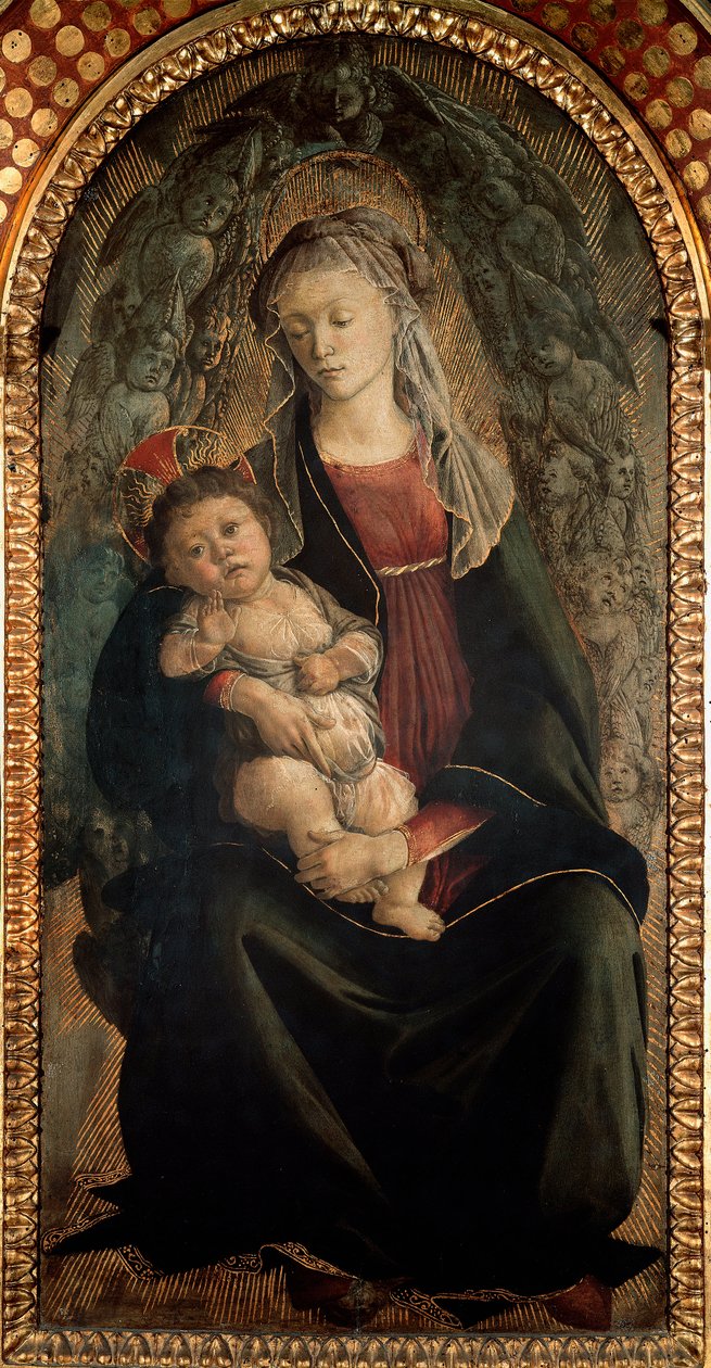 Virgem e Criança em glória rodeada de anjos Serafins Detrempe sobre madeira por Alessandro di Mariano dei Filipepi, dit Sandro Botticelli (1445-1510) 1469-1470 Dim. 120x65 cm Florence Galleria degli Uffizi (Uffizi) de Sandro Botticelli
